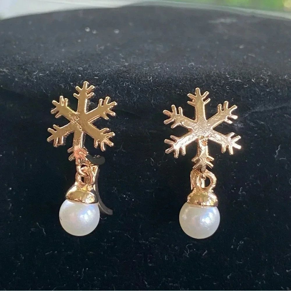 Gold Tone Snowflake Huggie Earrings with Faux Pearl Drops